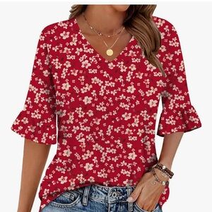 Zeagoo Red Floral Blouse with Ruffle Sleeves size large